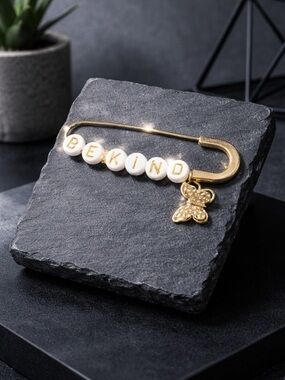 Gold Safety Pin Charm Brooch with 'BE KIND' Letter Beads